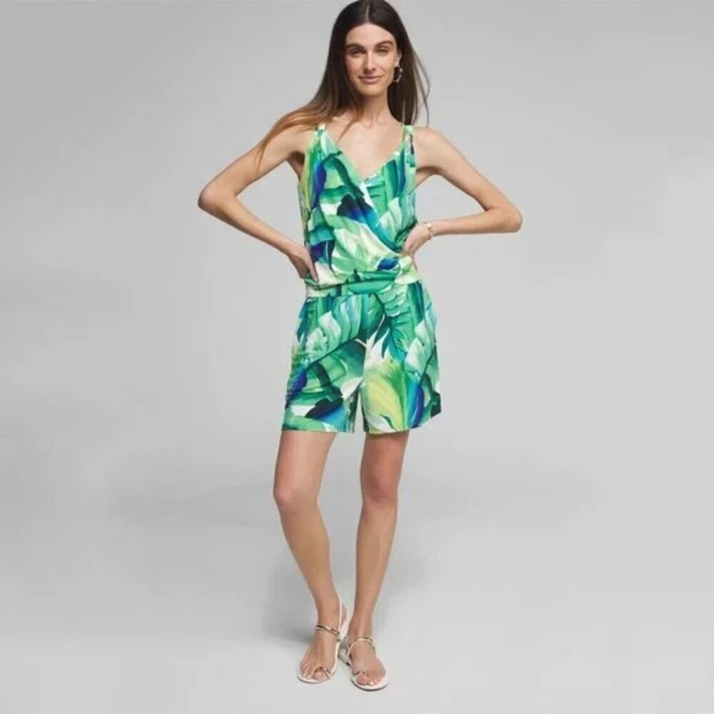 NWT White House Black Market Sleeveless Surplice Romper Lush Tropic Palm #A1728